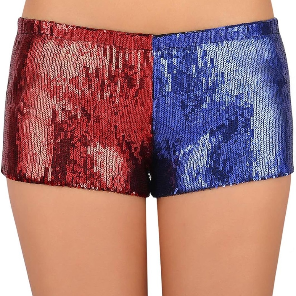 Women's Red and Blue Metallic Sequin Booty Shorts for Harley Halloween Costume
